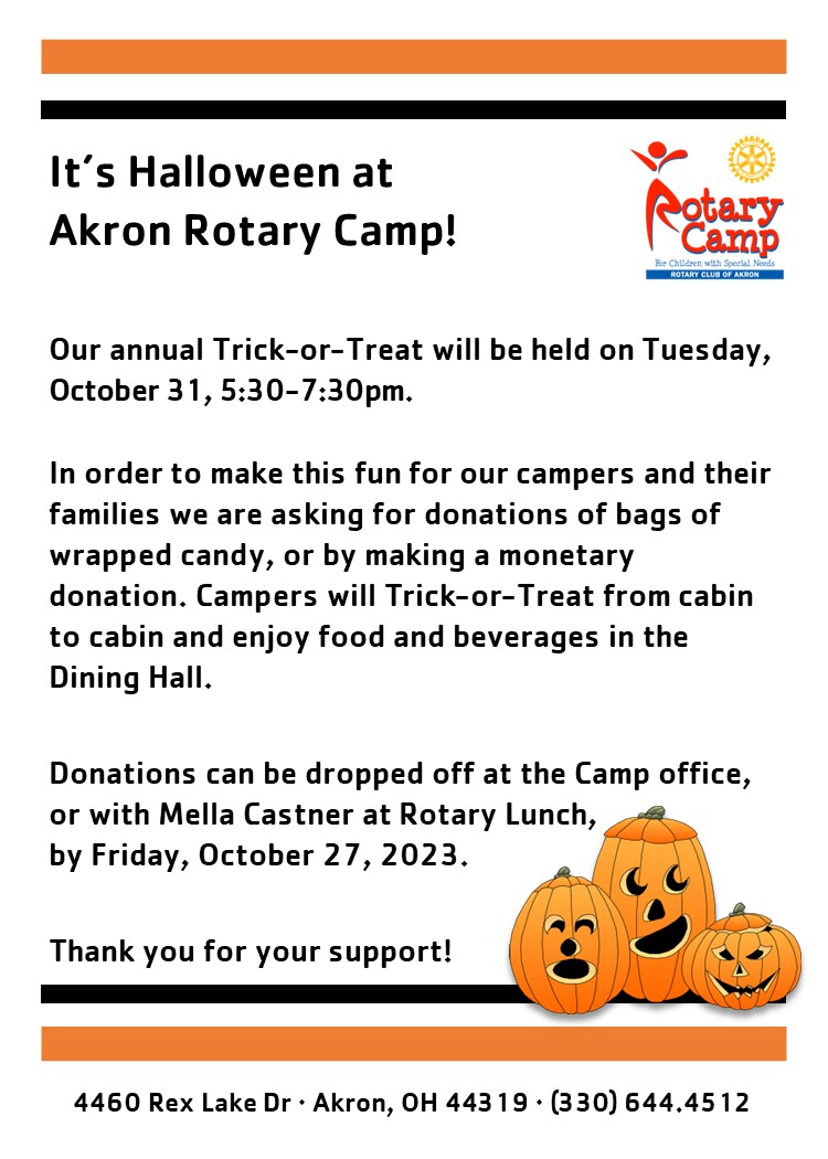 Halloween at Rotary Camp Request for Candy Donations by Friday Oct